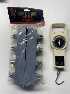 EAGLE CLAW. Rod Rack Set of 2 + Used Accu-Scale 24lb Scale and Tape B35