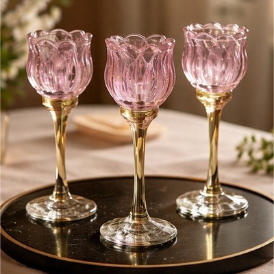 Set of 3 Pink Floral Glass jelly wax candles 