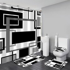 4 Pcs Black Geometric Shower Curtain Sets with Rugs Black Bathroom Sets with ...