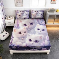 Cat Fitted Bedding Set Full Size,Floral Bedding Animal Themed Fitted for Girl...