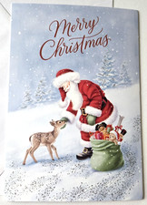 Tarjeta de Navidad Papá Noel Lindo Ciervo Cervatillo Nevado Invierno Escena Feliz Navidad