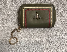 Gostwo Olive Army Green Stripe Zip Around Wallet with Bee Keychain Credit Card