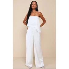 Lulus Sincerely Exceptional White Satin Strapless Two Piece Jumpsuit Medium NWT