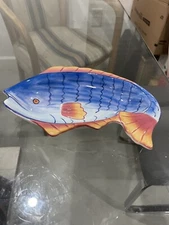 COLORFUL FISH DISH! California Pottery Red and Blue Small Serving Dish