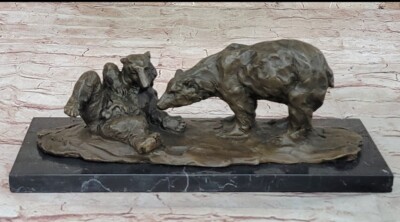 Handmade Wildlife Art Miguel Lopezs Mother Bear  Cubs French Bronze Statue Art