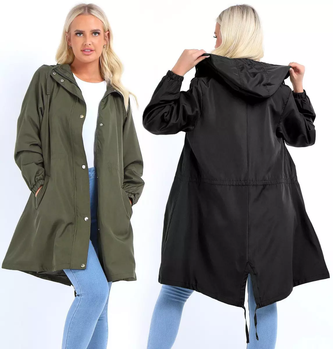 Womens Rain Mac Longline Ladies Black Raincoat Jacket Khaki Size 10 12 14 16 8