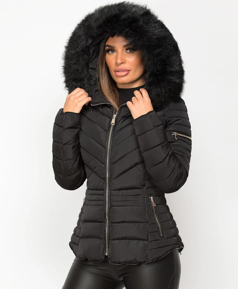 Womens black bubble sales coat with fur hood
