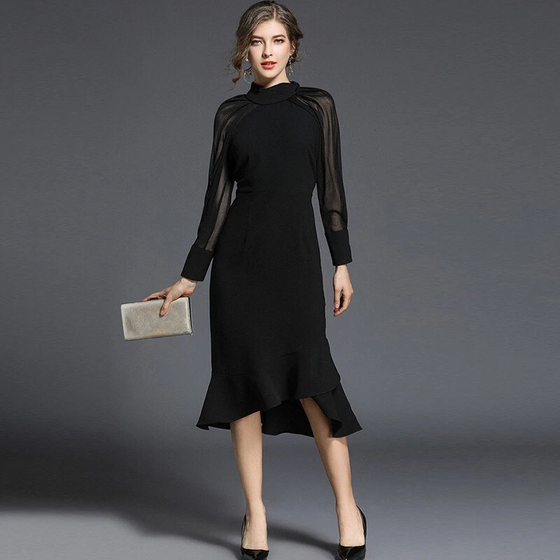 Women Black Fishtail Dress Slim High Waist Long Sleeve Formal