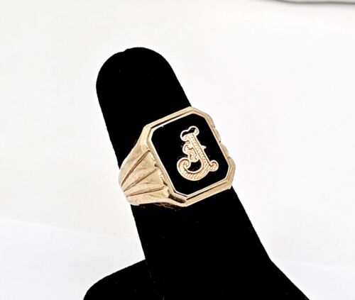 EDWARDIAN PLAINVILLE STOCK CO. FANCY INITIAL J 10K GOLD ONYX SIGNET RING,7.25 - Picture 1 of 8