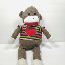 Sock Monkey Dan Dee Plush Red Brown Striped Shirt Heart 21" Large Stuffed Animal
