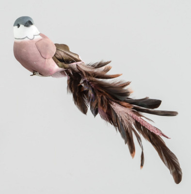 Vogel Blaumeise + Federn / Clip On Rose Rosa 30 cm Packung x2