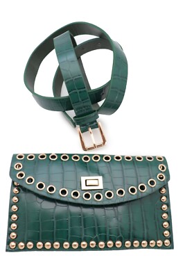 Women Green Faux Crocodile Leather Skinny Band Belt + Wallet  display picture 1