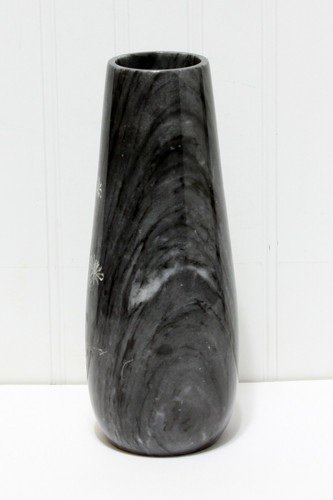 Vintage Dark Gray Alabaster Marble Stone Vase With Hand Crafted Etched Cranes - Picture 2 of 5