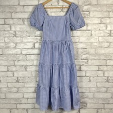 J.CREW FACTORY NWT Tiered Blue Stripe Midi Dress Puff Sleeves sz 0 CA208