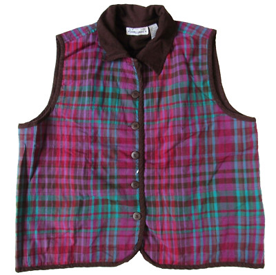 New Direction Vest Vtg Pink Green Plaid Insulated Corduroy Trim Women's 2X 2XL