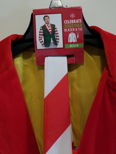 Ugly Christmas Blazer Suit Jacket Coat Elf Striped w/Tie Red Green M Holiday NWT - Picture 3 of 9