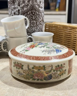 Vintage Satsuma Porcelain Peacock Covered Dish Floral Enamel Interior