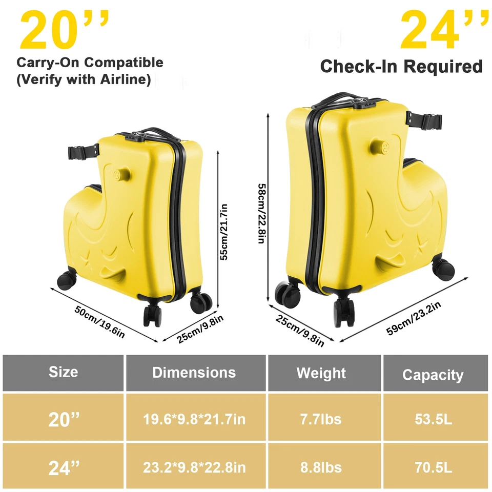 20/24" Spinner Luggage Kids Ride-On Roll Suitcase Luggage Bags Wheeled Trolley N - Image 2 of 4