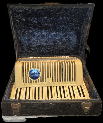 White Vintage Wurlitzer Accordion with Velvet Lined Suit Case Plays Well