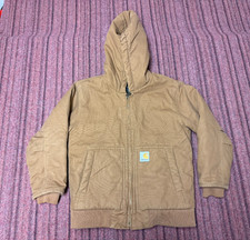 BOYS USED CARHARTT BROWN ZIP UP HOODED CANVAS JACKET YOUTH SIZE SMALL 7/8