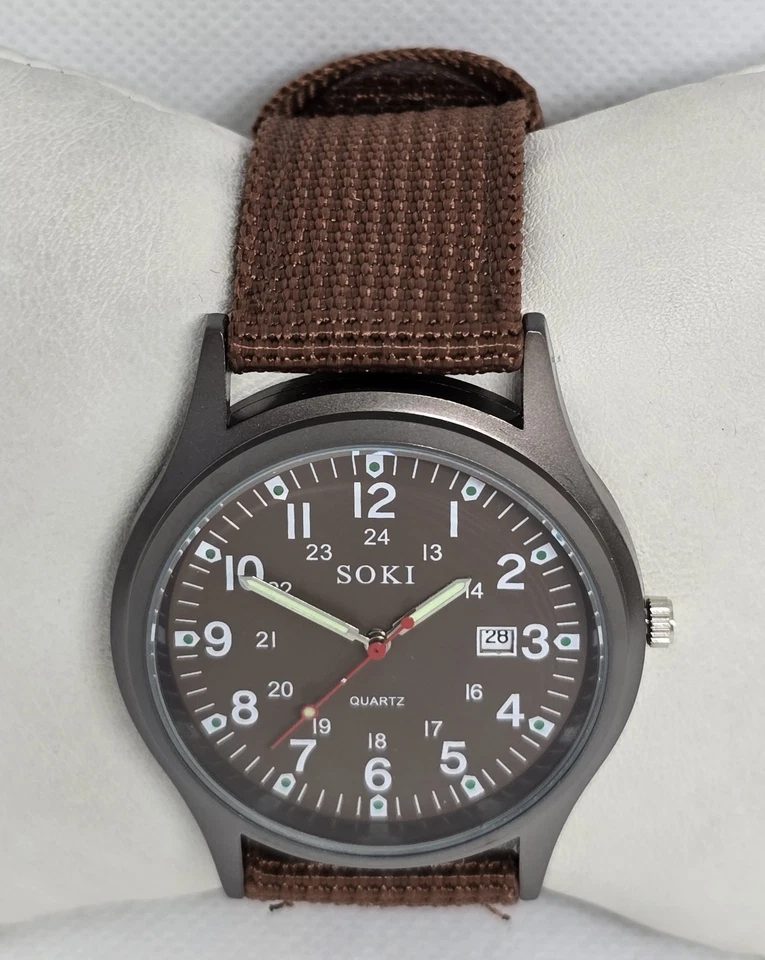 Reloj Hombre SOKI EE. UU. Militar Ejército Calendario Analógico Cuarzo Marrón Lona Banda 07 Foto 4 de 4