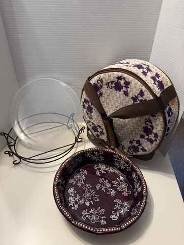 Temptations Terra Purple Floral Round Baking Casserole Dish, Stand, Case