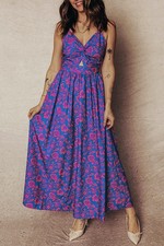 Bohemian Style Blue and Pink Floral Maxi Dress with Back Tie Detail