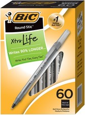 BIC Round Stic Xtra Life Ball Pen, Medium Point 1.0 mm , Black, 60-Count