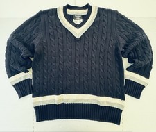 NWT VTG Polo Jeans Ralph Lauren Cricket Sweater Cable Knit V Neck Navy Blue Sz L