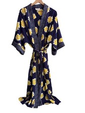 Vintage Y2K Josie By Natori Long Robe Navy Floral Kimono Robe Duster Size Large