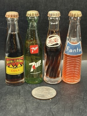 Vintage Mini RC Cola 7-UP Pepsi-Cola Fanta Soda Bottles 7/8'' Display Lot of 4
