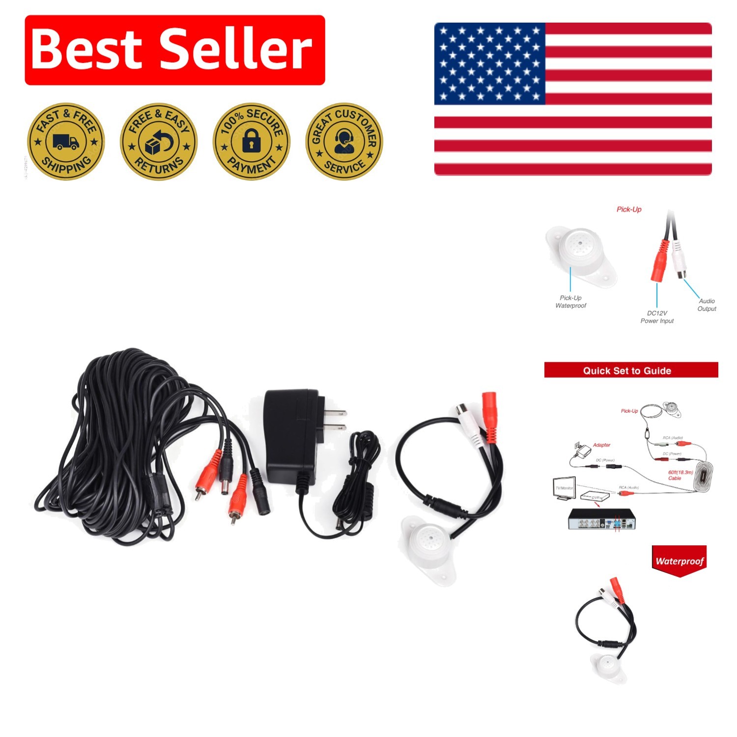 Omnidirectional Preamp Microphone with 60ft Cable &ndash; Ideal for Surveillance Use