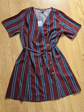 STRIPED WRAP BUTTON FASTEN MINI DRESS * SIZE 10 * PRIMARK * NEW WITH TAGS *