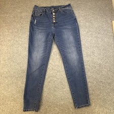 Woman  s Button Fly Denim Jeans Stretch Straight Leg 5 Pocket Design Blue Size L