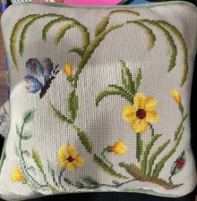 Vintage Needlepoint Butterfly Botanical Pillow
