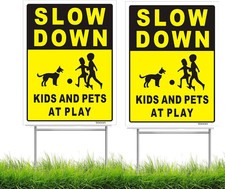 Slow down Kids and Pets at Play Sign, 12" X 9" Yard Sign with Metal H Stake, Chi