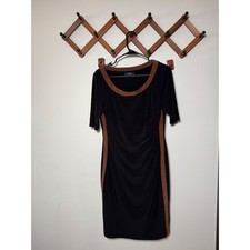 Chaps Womens Black Brown Colorblock Ruched Sheath Dress Half Sleeve Size L