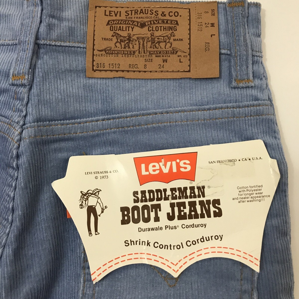 VINTAGE 1973 LEVI'S SADDLEMAN BOOT JEANS - BLUE CORDUROY 316-1512