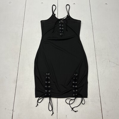 black mini dress shein Ribbed Bodycon Spaghetti Strap Short Lace Up Detail Women's S Party 1st Year Birthday