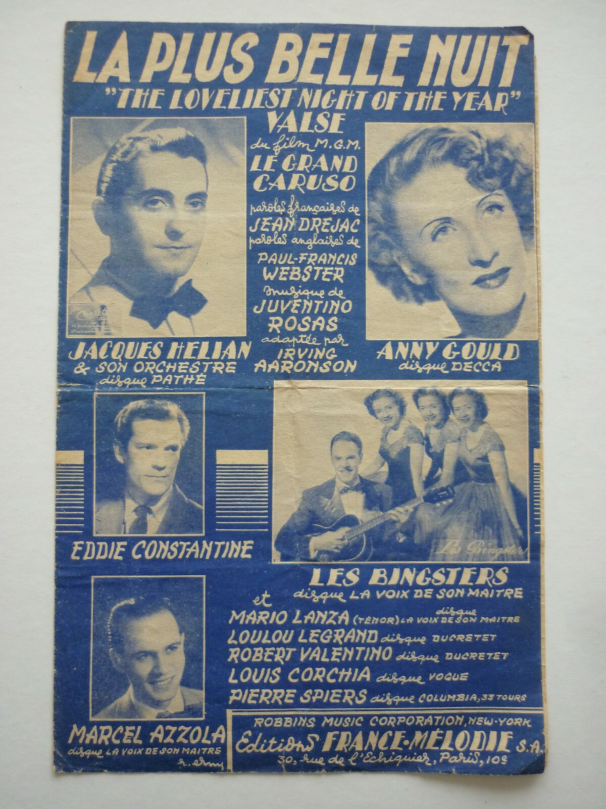 Partition La plus belle nuit Anny Gould Eddie Constantine 1950 Le grand