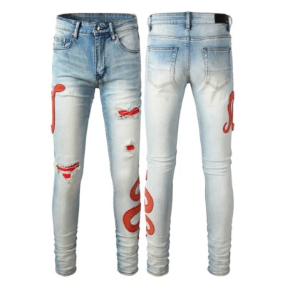 Men Punk Ripped Knee Hole with Red Snake Embroidery Slim fit Stretch Blue Jeans