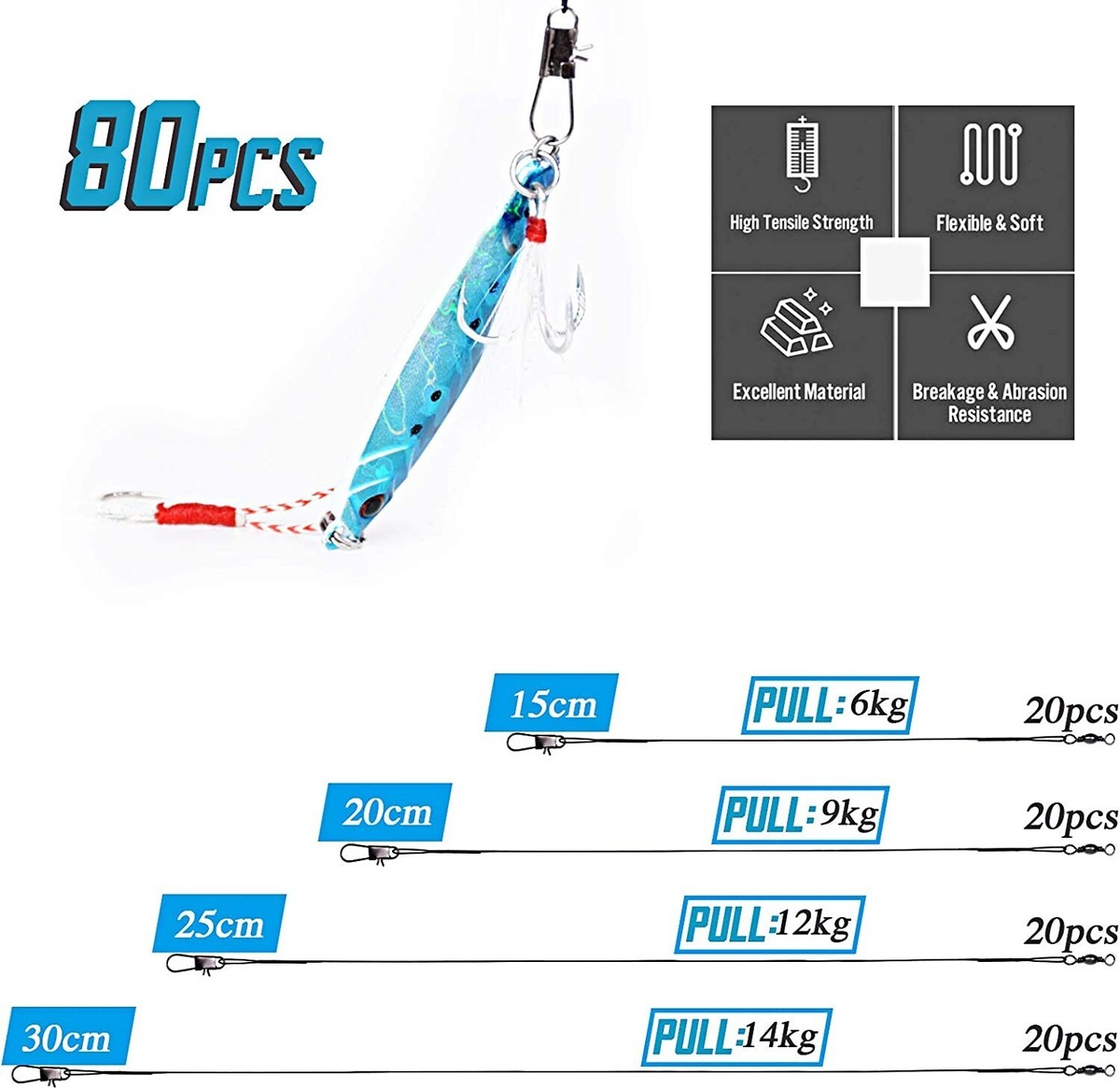 Bas Acier VGOL - Lot De 30, 50 Cm, Résistance 45 Kg, Avec émerillons Anti- Morsure De Ligne