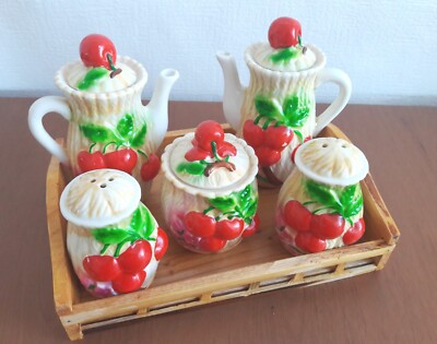 USSR Set for the Kitchen: Teapots, Sugar Bowl, Salt Shaker, Pepper Shaker, Stand