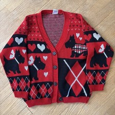 Vintage Sister Sister Dog Cardigan Sweater Youth Large Red Black Terrier Hearts