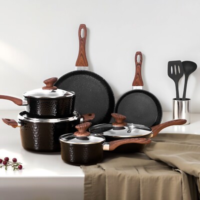 12 Pieces Induction Pots and Pans Set Nonstick Granite Stone Coated Cookware Set