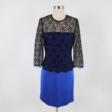 ST. JOHN Sheath Dress Womens 4 Royal Blue Knit Black Lace Overlay Cocktail Party