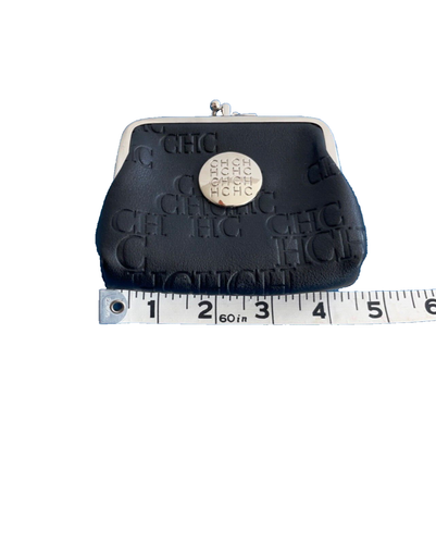 Carolina Herrera LOGO BLACK Leather /Double KISS-Lock-2 pouches Coin Purse - Picture 6 of 7
