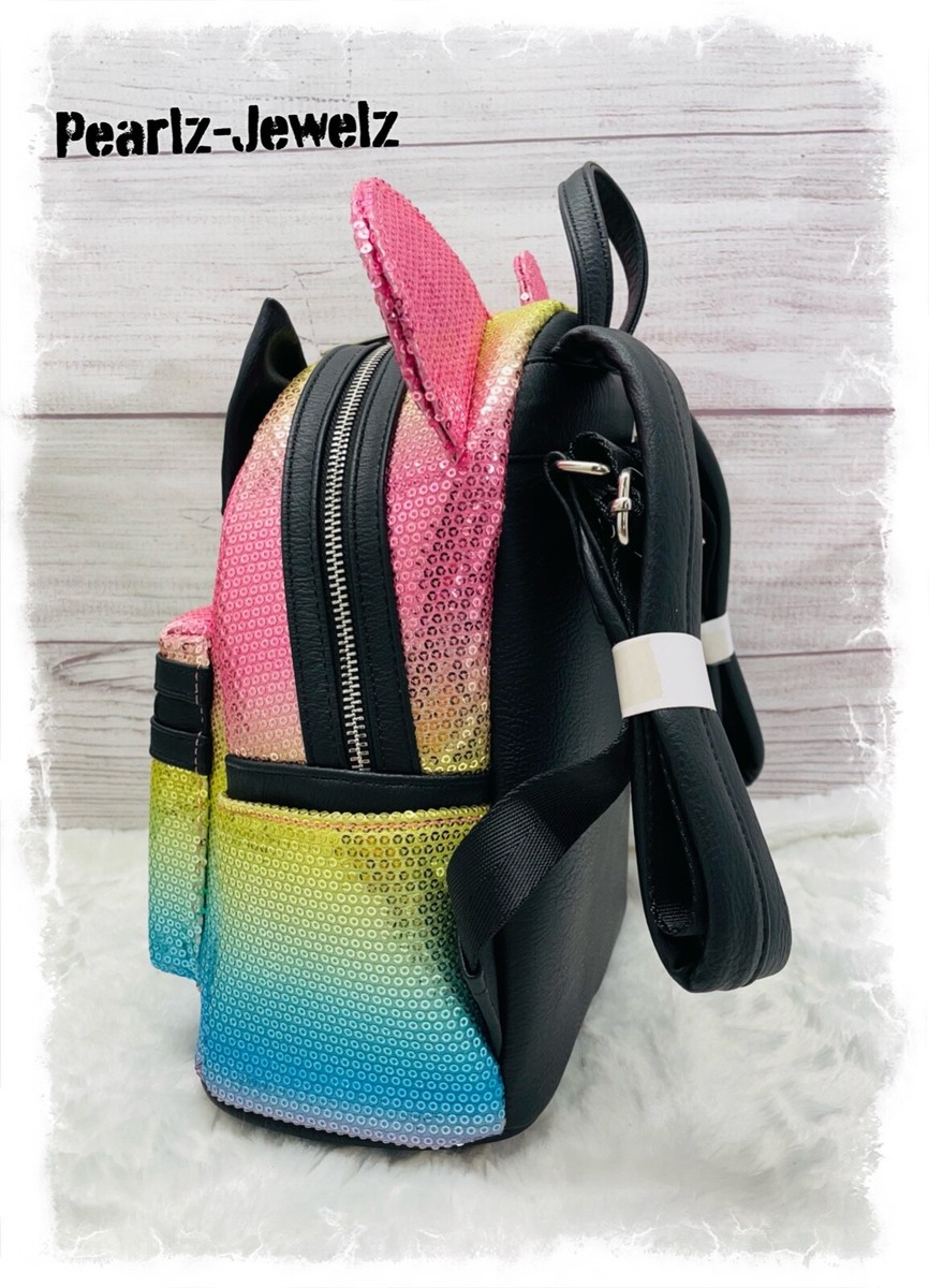 Loungefly Rainbow Sequin Mini Backpack with Black Bow and Mouse Ears Loungefly x Disney Parks Minnie Mouse Rainbow Sequined Mini  main image 2