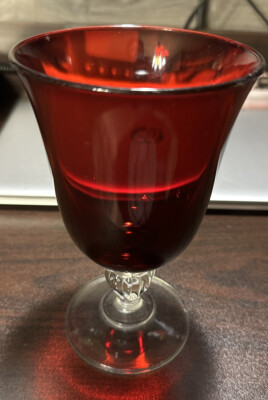 1-Ruby Red Wine Glasses Water Goblet Clear Swirl Stem Base 6-1/2  Hard to Find