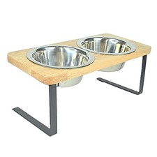 Elevated Double Cat Dog Bowls Wooden 15&deg; Tilted Raised Stand Stainless Steel
